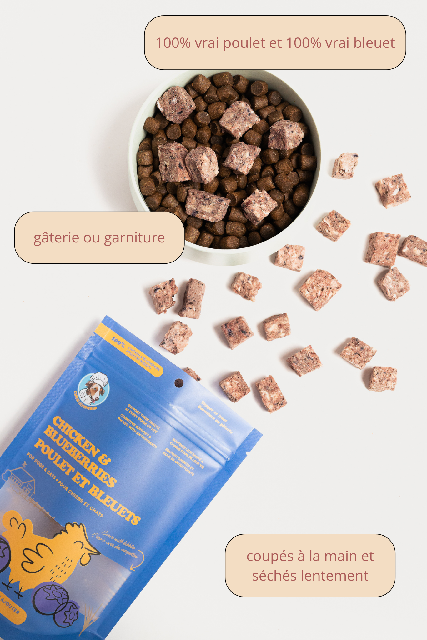 Cubes de poulet et bleuets lyophilisés